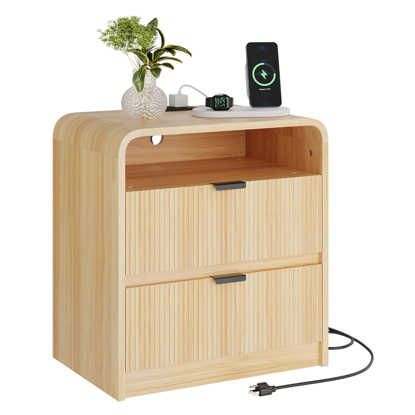 24" Fluted Nightstand with Charging Station, Wooden End Table with 2 Drawers Storage, Curved Profile Design, Modern Bedside Cabinet for Bedroom Living Room, Natural Oak