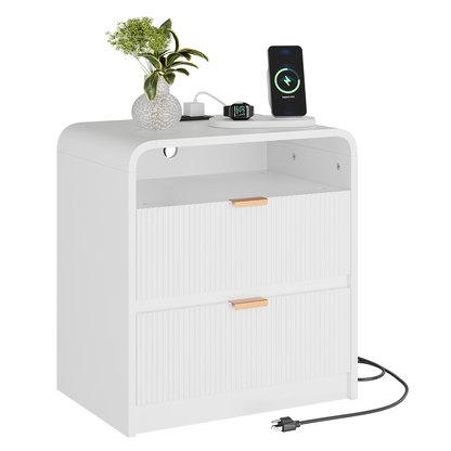 24" Fluted Nightstand with Charging Station, Wooden End Table with 2 Drawers Storage, Curved Profile Design, Modern Bedside Cabinet for Bedroom Living Room, White