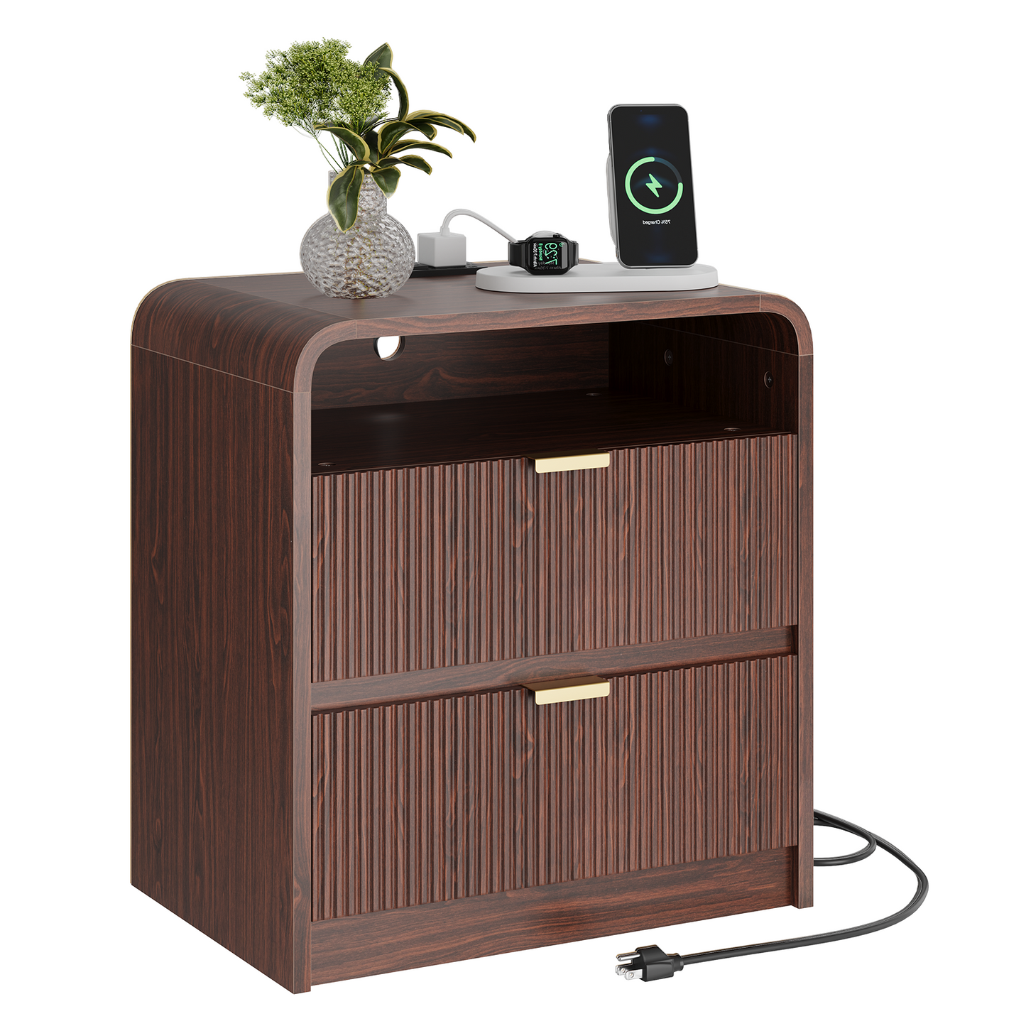 24" Fluted Nightstand with Charging Station, Wooden End Table with 2 Drawers Storage, Curved Profile Design, Modern Bedside Cabinet for Bedroom Living Room, Walnut