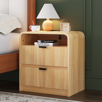 24" Fluted Nightstand with Charging Station, Wooden End Table with 2 Drawers Storage, Curved Profile Design, Modern Bedside Cabinet for Bedroom Living Room, Natural Oak