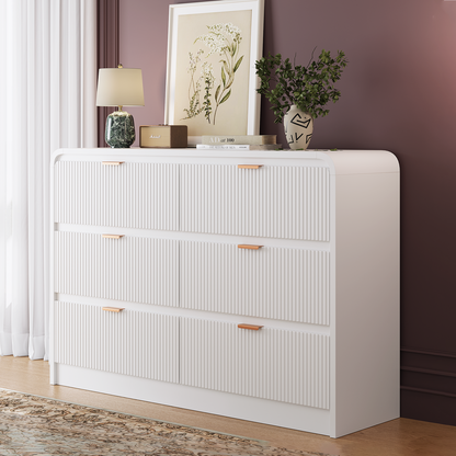 Fluted 6 Drawers Dresser for Bedroom, 54" Wide Wooden Dresser with Metal Handle, Curved Profile Design, Modern Storage Organizer for Living Room, Hallway (White)