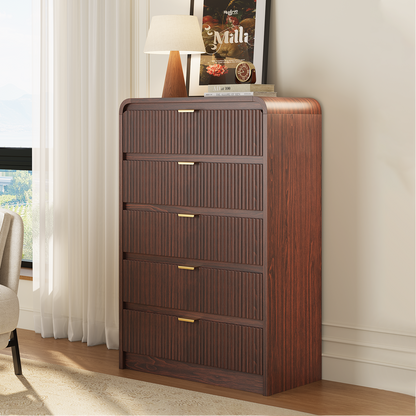 Fluted 5 Drawers Dresser for Bedroom, 48" Tall Wooden Modern Dresser with Metal Handle, Curved Profile Design, Storage Organizer for Living Room, Hallway (Walnut)