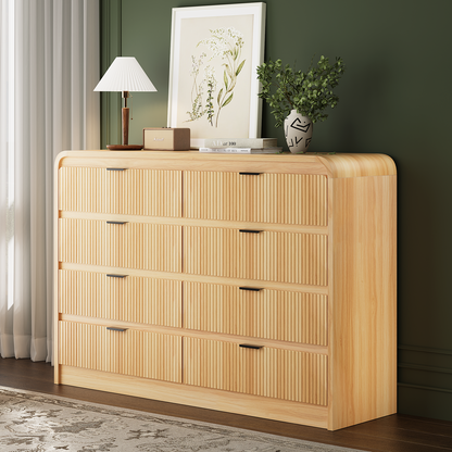 Fluted 8 Drawers Dresser for Bedroom, 55" Wide Wooden Dresser with Metal Handle, Curved Profile Design, Modern Storage Organizer for Living Room, Hallway (Natural Oak)