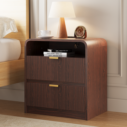 24" Fluted Nightstand with Charging Station, Wooden End Table with 2 Drawers Storage, Curved Profile Design, Modern Bedside Cabinet for Bedroom Living Room, Walnut