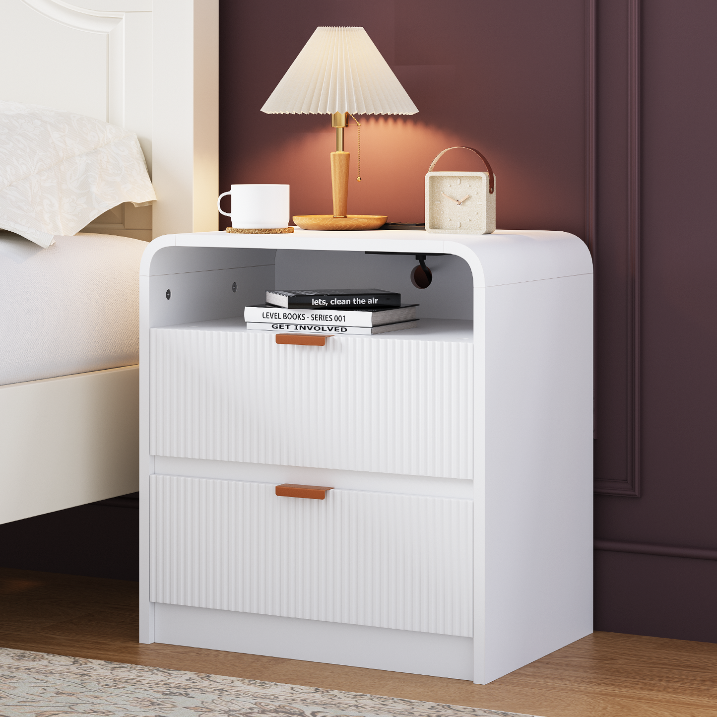 24" Fluted Nightstand with Charging Station, Wooden End Table with 2 Drawers Storage, Curved Profile Design, Modern Bedside Cabinet for Bedroom Living Room, White
