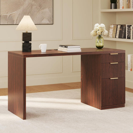 FURSUN 58" Modern Executive Desk with Storage, Home Office Desk with Drawer & Cabinet, Wooden Fluted Desk for Study, Living Room, Bedroom (Dark Walnut)