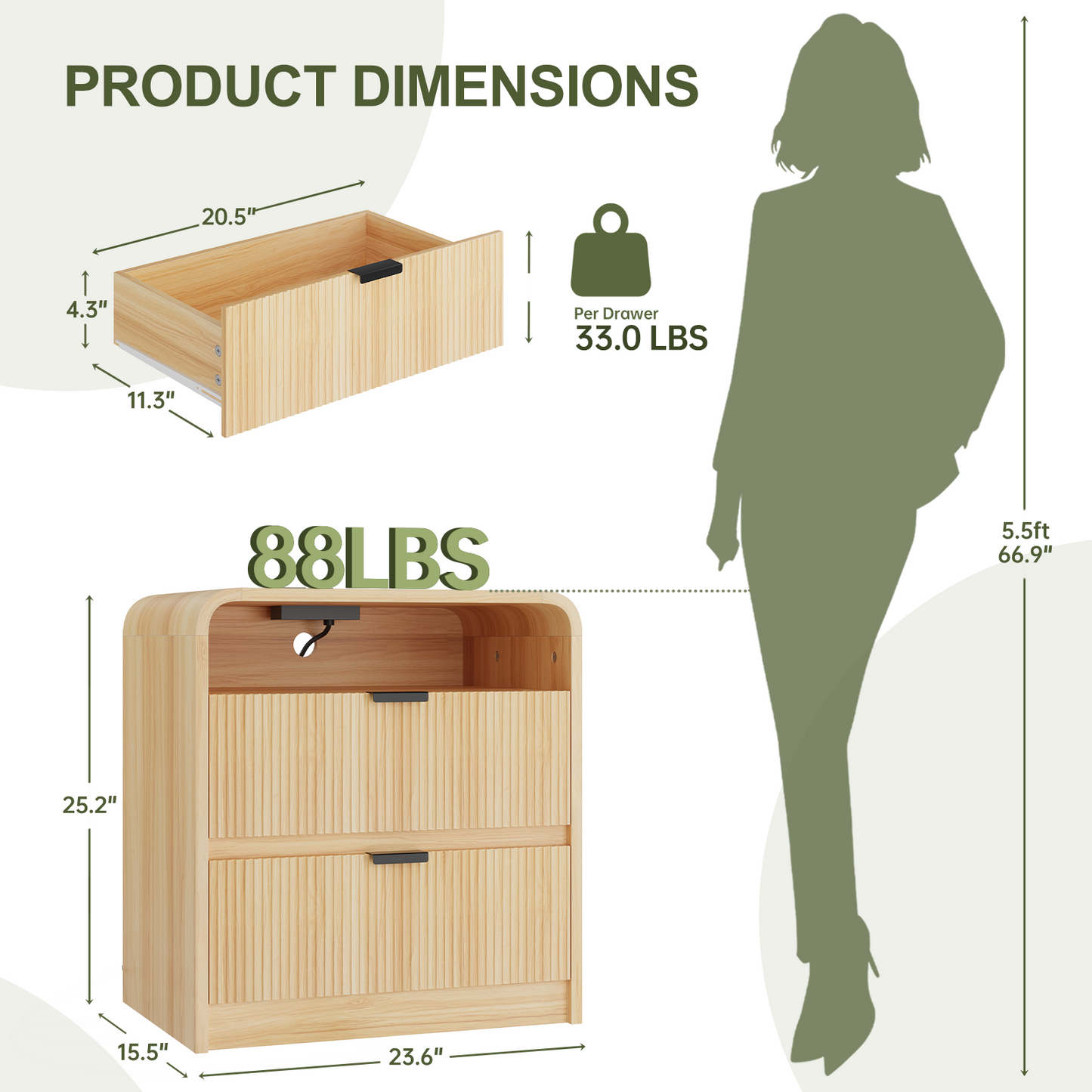 24" Fluted Nightstand with Charging Station, Wooden End Table with 2 Drawers Storage, Curved Profile Design, Modern Bedside Cabinet for Bedroom Living Room, Natural Oak