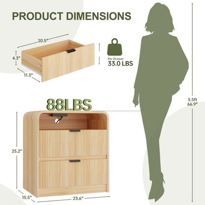 24" Fluted Nightstand with Charging Station, Wooden End Table with 2 Drawers Storage, Curved Profile Design, Modern Bedside Cabinet for Bedroom Living Room, Natural Oak