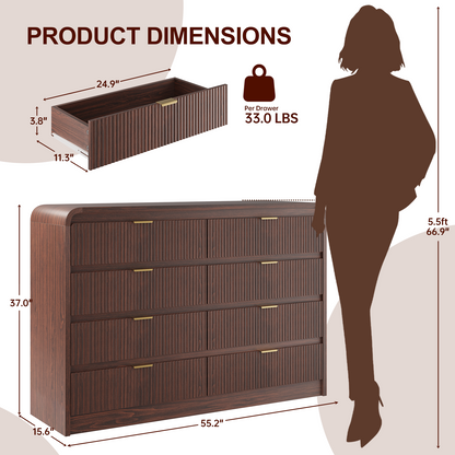 Fluted 8 Drawers Dresser for Bedroom, 55" Wide Wooden Dresser with Metal Handle, Curved Profile Design, Modern Storage Organizer for Living Room, Hallway (Walnut)