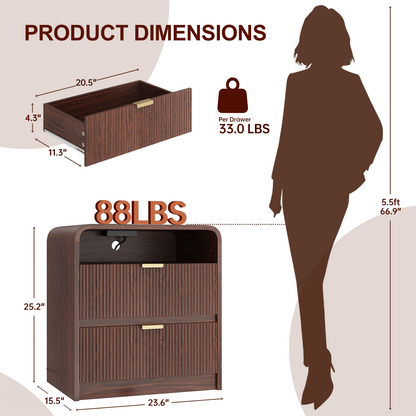 24" Fluted Nightstand with Charging Station, Wooden End Table with 2 Drawers Storage, Curved Profile Design, Modern Bedside Cabinet for Bedroom Living Room, Walnut