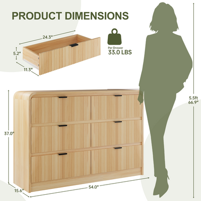 Fluted 6 Drawers Dresser for Bedroom, 54" Wide Wooden Dresser with Metal Handle, Curved Profile Design, Modern Storage Organizer for Living Room, Hallway (Natural Oak)