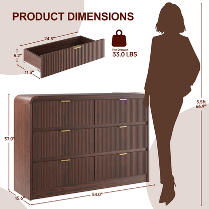 Fluted 6 Drawers Dresser for Bedroom, 54" Wide Wooden Dresser with Metal Handle, Curved Profile Design, Modern Storage Organizer for Living Room, Hallway (Walnut)