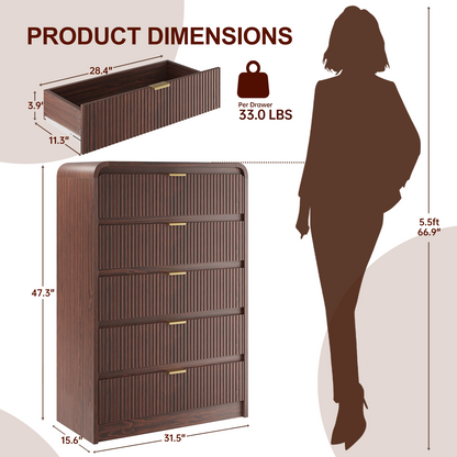 Fluted 5 Drawers Dresser for Bedroom, 48" Tall Wooden Modern Dresser with Metal Handle, Curved Profile Design, Storage Organizer for Living Room, Hallway (Walnut)