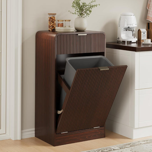 FURSUN 10 Gallons Tilt-Out Trash Can Cabinet, Fluted Laundry Hamper Cabinet with Drawers, Freestanding Pet Proof Hidden Garbage Recycling Cabinet for Kitchen, Living Room, Dark Walnut
