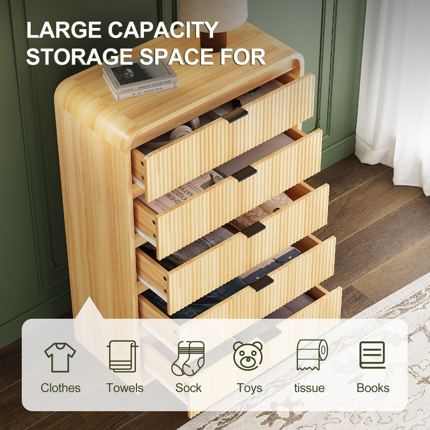 Fluted 5 Drawers Dresser for Bedroom, 48" Tall Wooden Modern Dresser with Metal Handle, Curved Profile Design, Storage Organizer for Living Room, Hallway (Natural Oak)