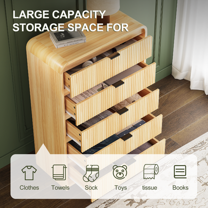 Fluted 5 Drawers Dresser for Bedroom, 48" Tall Wooden Modern Dresser with Metal Handle, Curved Profile Design, Storage Organizer for Living Room, Hallway (Natural Oak)