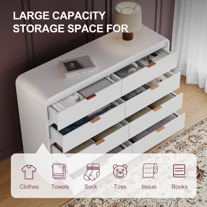 Fluted 8 Drawers Dresser for Bedroom, 55" Wide Wooden Dresser with Metal Handle, Curved Profile Design, Modern Storage Organizer for Living Room, Hallway (White)