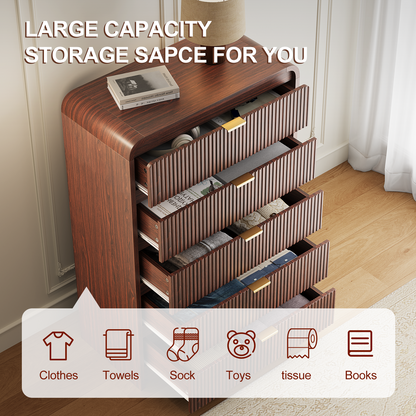 Fluted 5 Drawers Dresser for Bedroom, 48" Tall Wooden Modern Dresser with Metal Handle, Curved Profile Design, Storage Organizer for Living Room, Hallway (Walnut)