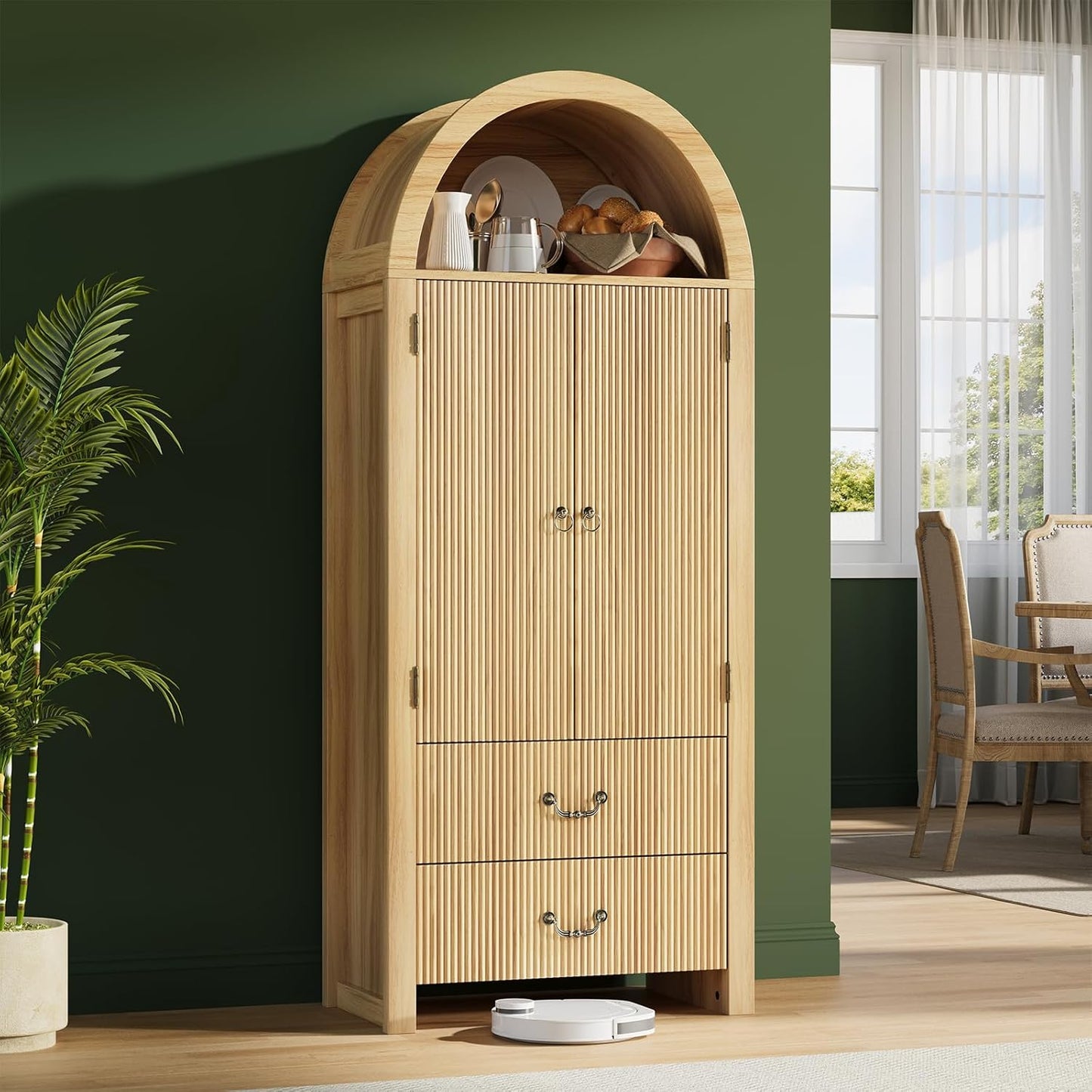 71" Tall Fluted Arched Cabinet with Doors, Wood Pantry Storage Cabinet with 2 Large Drawers, Modern Versatile Bookcase for Living Room, Kitchen, Dining (Natural Oak)