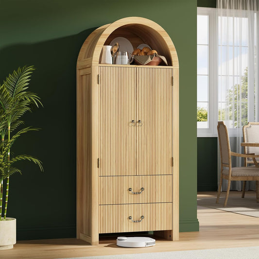 71" Tall Fluted Arched Cabinet with Doors, Wood Pantry Storage Cabinet with 2 Large Drawers, Modern Versatile Bookcase for Living Room, Kitchen, Dining (Natural Oak)