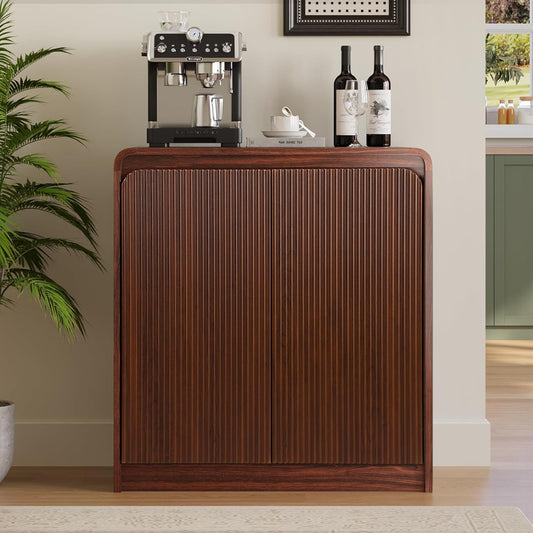 FURSUN Modern Fluted Sideboard Buffet Cabinet with Storage, Curved Design Wood Coffee Bar Cabinet with 2 Doors & Adjustable Shelves for Kitchen, Dining Room, Living Room, Dark Walnut