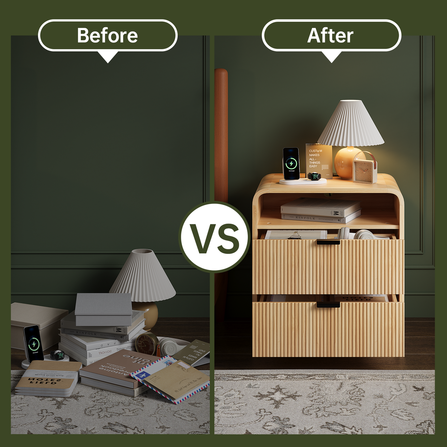 24" Fluted Nightstand with Charging Station, Wooden End Table with 2 Drawers Storage, Curved Profile Design, Modern Bedside Cabinet for Bedroom Living Room, Natural Oak
