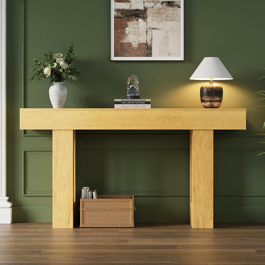 FURSUN 63-Inch Long Console Table with Storage, Wooden Narrow Sofa Table Behind Couch, Farmhouse Foyer Hallway Table for Living Room, Entrance (Natural Oak)