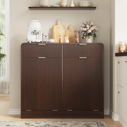 FURSUN 20 Gallons Tilt-Out Trash Can Cabinet, Fluted Laundry Hamper Cabinet with Drawers, Freestanding Pet Proof Hidden Garbage Recycling Cabinet for Kitchen, Living Room, Dark Walnut