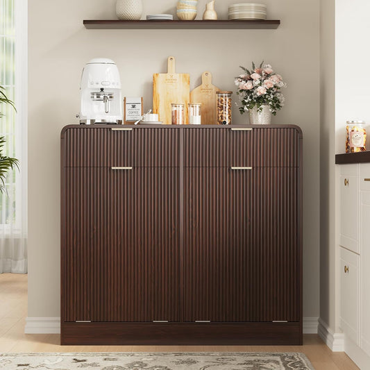 FURSUN 20 Gallons Tilt-Out Trash Can Cabinet, Fluted Laundry Hamper Cabinet with Drawers, Freestanding Pet Proof Hidden Garbage Recycling Cabinet for Kitchen, Living Room, Dark Walnut