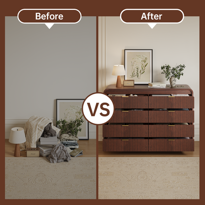 Fluted 8 Drawers Dresser for Bedroom, 55" Wide Wooden Dresser with Metal Handle, Curved Profile Design, Modern Storage Organizer for Living Room, Hallway (Walnut)