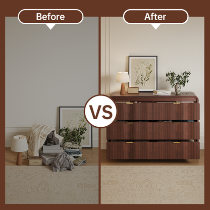 Fluted 6 Drawers Dresser for Bedroom, 54" Wide Wooden Dresser with Metal Handle, Curved Profile Design, Modern Storage Organizer for Living Room, Hallway (Walnut)