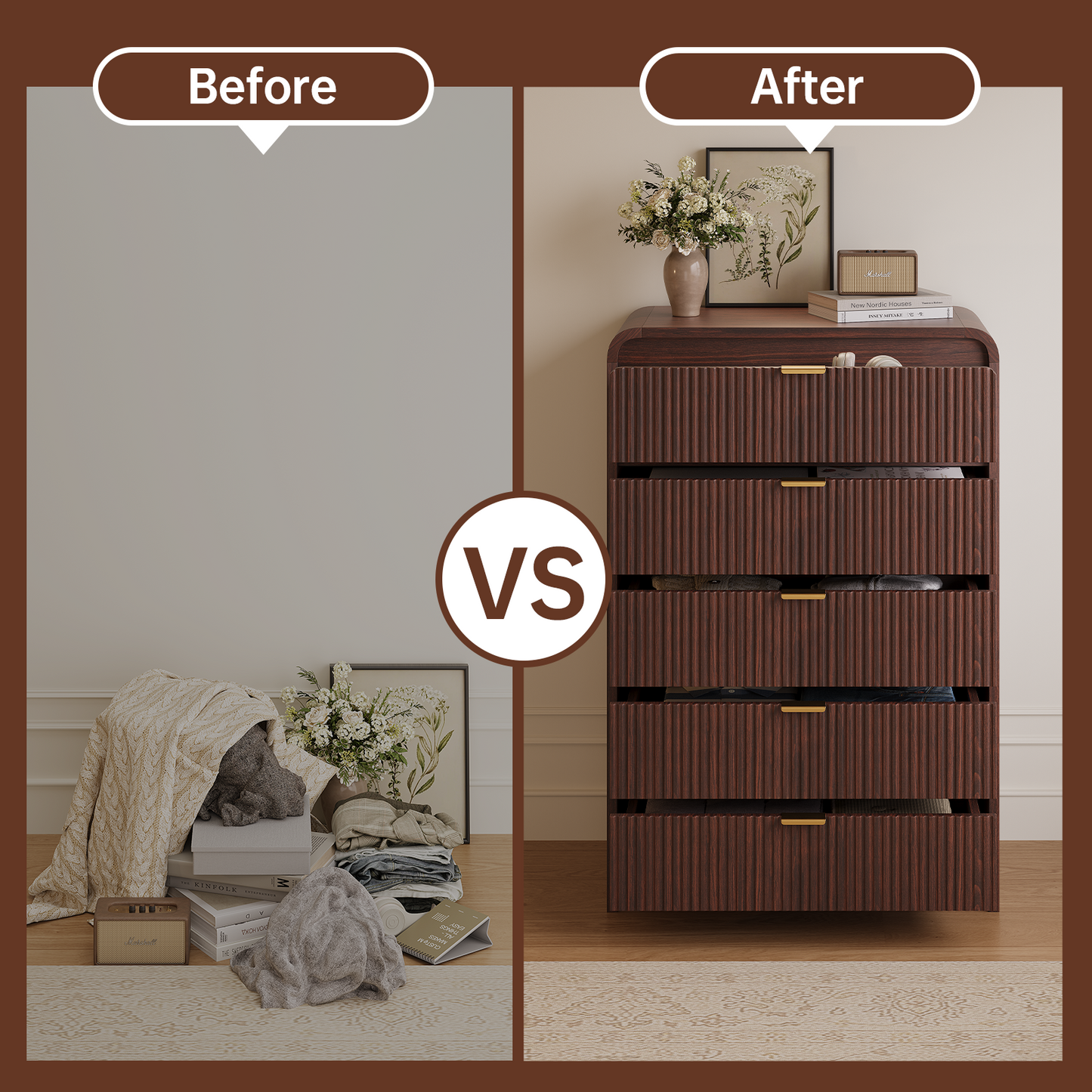 Fluted 5 Drawers Dresser for Bedroom, 48" Tall Wooden Modern Dresser with Metal Handle, Curved Profile Design, Storage Organizer for Living Room, Hallway (Walnut)