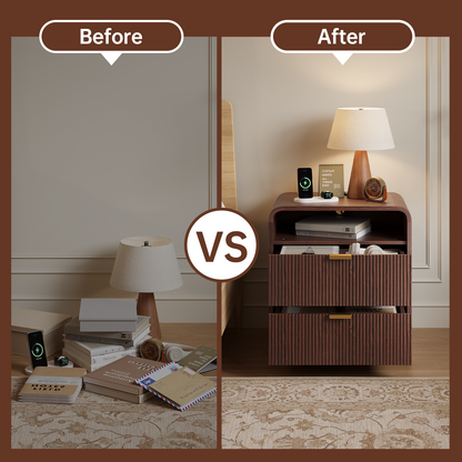 24" Fluted Nightstand with Charging Station, Wooden End Table with 2 Drawers Storage, Curved Profile Design, Modern Bedside Cabinet for Bedroom Living Room, Walnut
