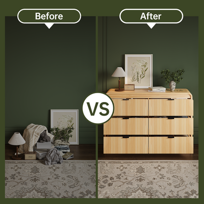 Fluted 6 Drawers Dresser for Bedroom, 54" Wide Wooden Dresser with Metal Handle, Curved Profile Design, Modern Storage Organizer for Living Room, Hallway (Natural Oak)