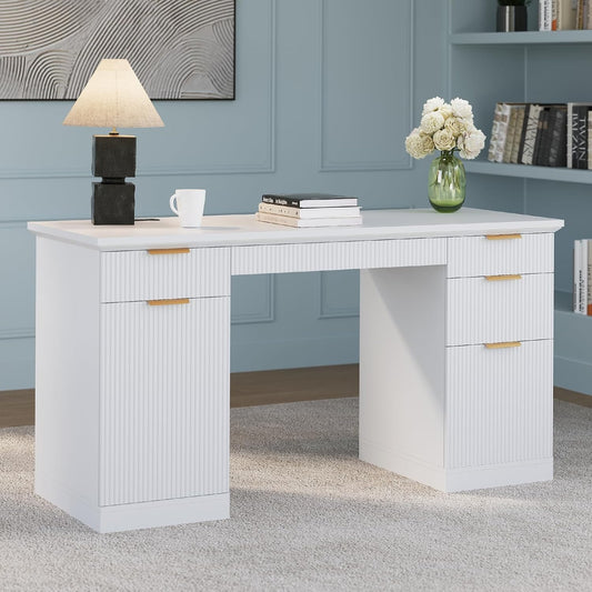 58" Fluted Modern Desk with Storage, Home Office Desk with 1 File Cabinet & 5 Drawers, Wood Executive Computer Writing Desk for Study, Living Room, Bedroom (White)