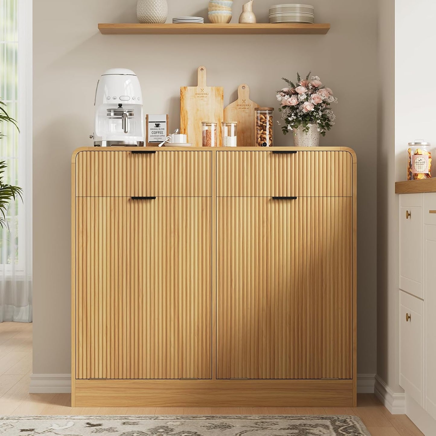 FURSUN 20 Gallons Tilt-Out Trash Can Cabinet, Fluted Laundry Hamper Cabinet with Drawers, Freestanding Pet Proof Hidden Garbage Recycling Cabinet for Kitchen, Living Room, Natural Oak