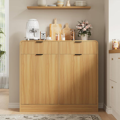 FURSUN 20 Gallons Tilt-Out Trash Can Cabinet, Fluted Laundry Hamper Cabinet with Drawers, Freestanding Pet Proof Hidden Garbage Recycling Cabinet for Kitchen, Living Room, Natural Oak