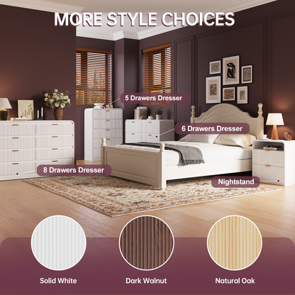 Fluted 6 Drawers Dresser for Bedroom, 54" Wide Wooden Dresser with Metal Handle, Curved Profile Design, Modern Storage Organizer for Living Room, Hallway (White)