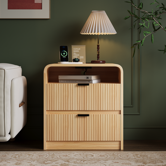 24" Fluted Nightstand with Charging Station, Wooden End Table with 2 Drawers Storage, Curved Profile Design, Modern Bedside Cabinet for Bedroom Living Room, Natural Oak