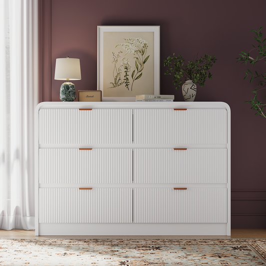 Fluted 6 Drawers Dresser for Bedroom, 54" Wide Wooden Dresser with Metal Handle, Curved Profile Design, Modern Storage Organizer for Living Room, Hallway (White)
