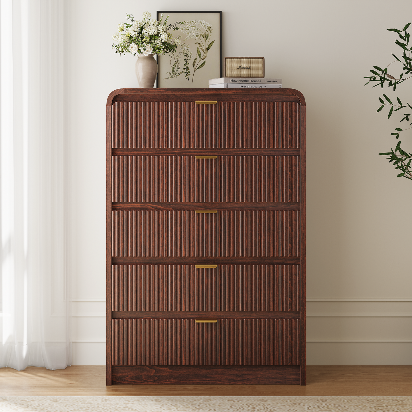 Fluted 5 Drawers Dresser for Bedroom, 48" Tall Wooden Modern Dresser with Metal Handle, Curved Profile Design, Storage Organizer for Living Room, Hallway (Walnut)