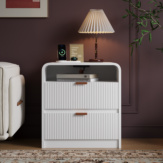 24" Fluted Nightstand with Charging Station, Wooden End Table with 2 Drawers Storage, Curved Profile Design, Modern Bedside Cabinet for Bedroom Living Room, White