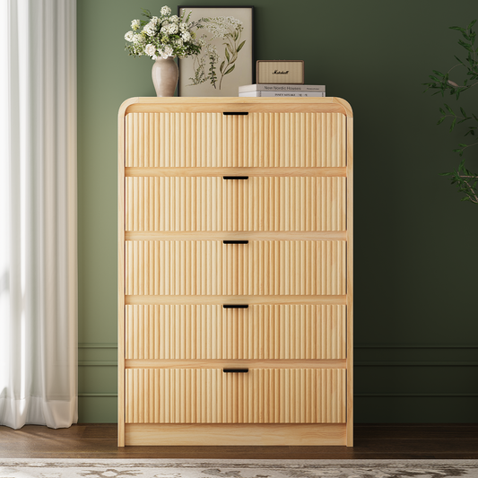 Fluted 5 Drawers Dresser for Bedroom, 48" Tall Wooden Modern Dresser with Metal Handle, Curved Profile Design, Storage Organizer for Living Room, Hallway (Natural Oak)