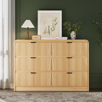 Fluted 6 Drawers Dresser for Bedroom, 54" Wide Wooden Dresser with Metal Handle, Curved Profile Design, Modern Storage Organizer for Living Room, Hallway (Natural Oak)
