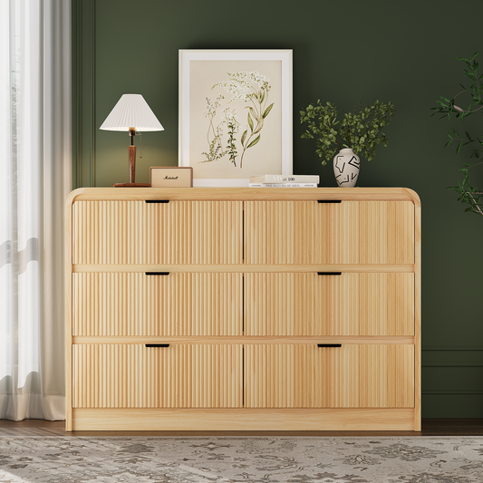 Fluted 6 Drawers Dresser for Bedroom, 54" Wide Wooden Dresser with Metal Handle, Curved Profile Design, Modern Storage Organizer for Living Room, Hallway (Natural Oak)
