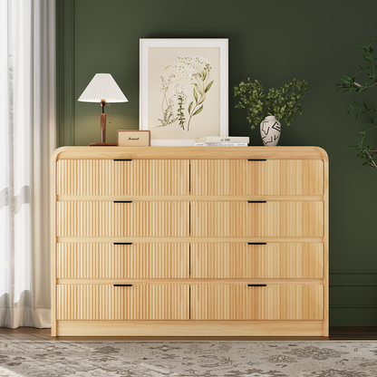 Fluted 8 Drawers Dresser for Bedroom, 55" Wide Wooden Dresser with Metal Handle, Curved Profile Design, Modern Storage Organizer for Living Room, Hallway (Natural Oak)