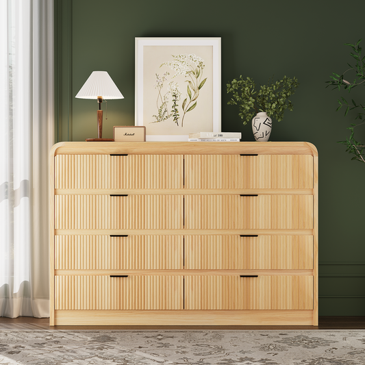 Fluted 8 Drawers Dresser for Bedroom, 55" Wide Wooden Dresser with Metal Handle, Curved Profile Design, Modern Storage Organizer for Living Room, Hallway (Natural Oak)