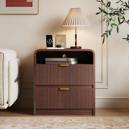 24" Fluted Nightstand with Charging Station, Wooden End Table with 2 Drawers Storage, Curved Profile Design, Modern Bedside Cabinet for Bedroom Living Room, Walnut