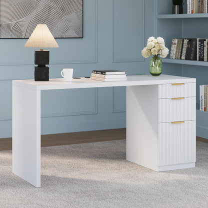 FURSUN 58" Modern Executive Desk with Storage, Home Office Desk with Drawer & Cabinet, Wooden Fluted Desk for Study, Living Room, Bedroom (White)