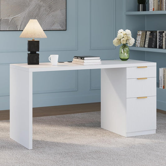 FURSUN 58" Modern Executive Desk with Storage, Home Office Desk with Drawer & Cabinet, Wooden Fluted Desk for Study, Living Room, Bedroom (White)